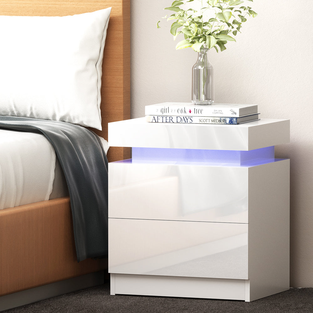 Artiss Bedside Tables Side Table Drawers RGB LED High Gloss Nightstand White-7