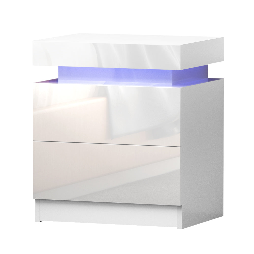 Artiss Bedside Tables Side Table Drawers RGB LED High Gloss Nightstand White-0