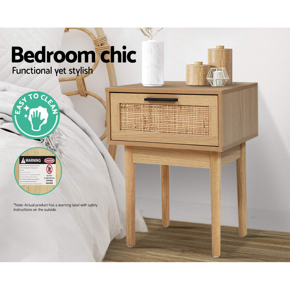 Artiss Bedside Tables Table 1 Drawer Storage Cabinet Rattan Wood Nightstand-4