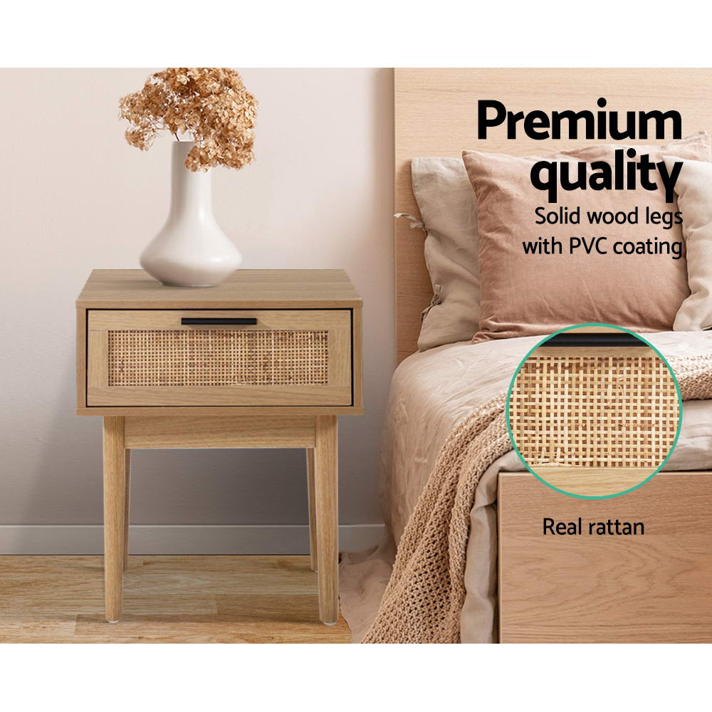 Artiss Bedside Tables Table 1 Drawer Storage Cabinet Rattan Wood Nightstand-5