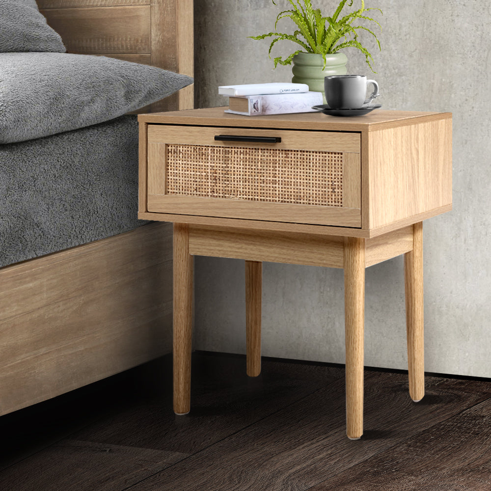 Artiss Bedside Tables Table 1 Drawer Storage Cabinet Rattan Wood Nightstand-7