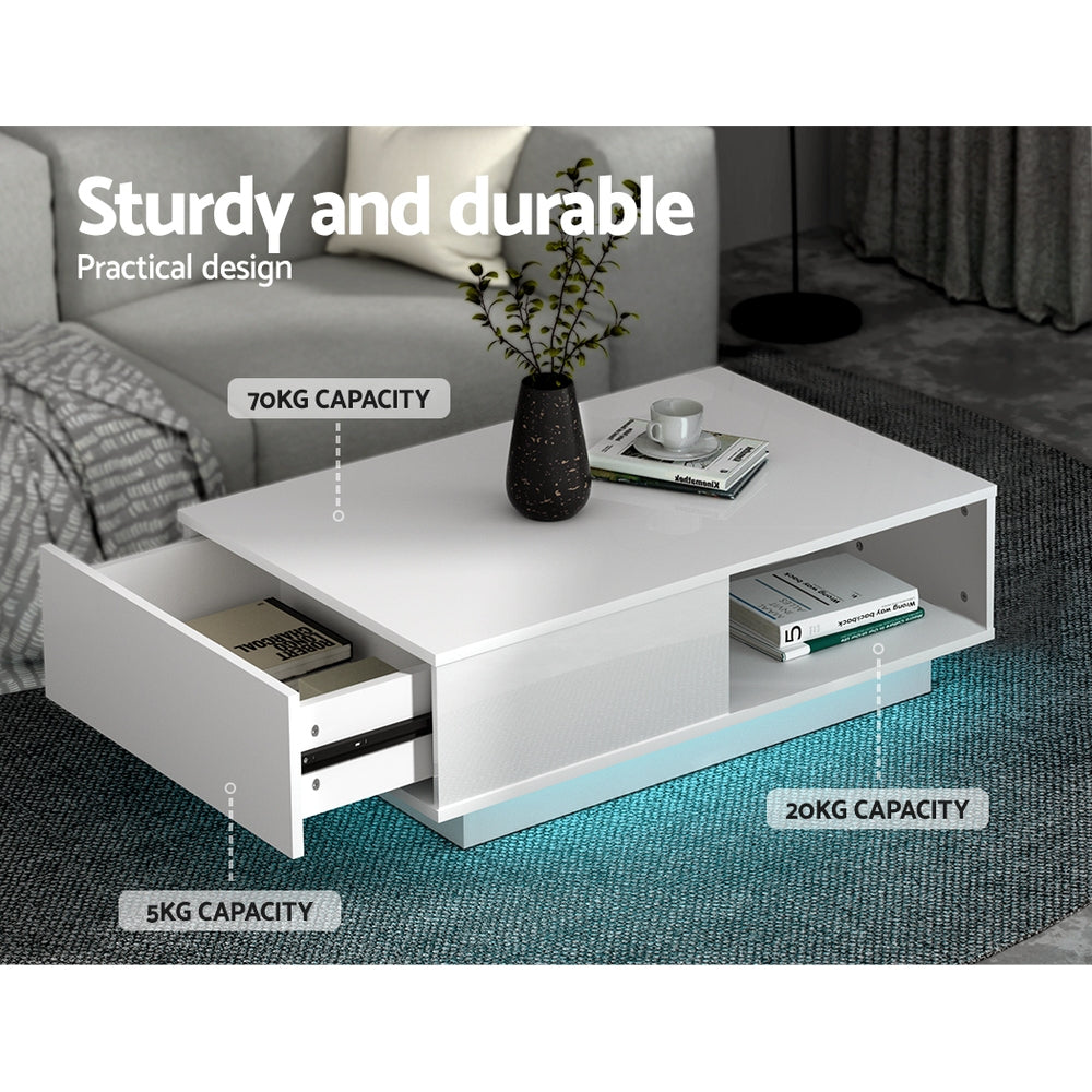 Artiss Coffee Table LED Lights High Gloss Storage Drawer Modern Furniture White-5