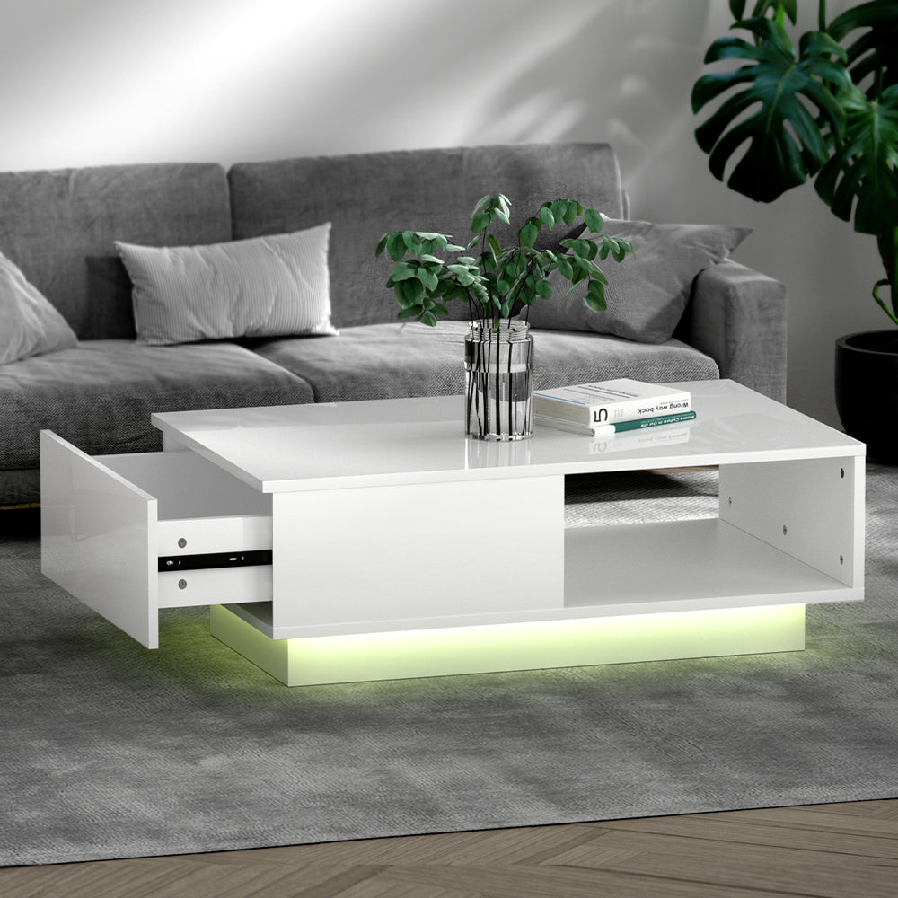 Artiss Coffee Table LED Lights High Gloss Storage Drawer Modern Furniture White-6