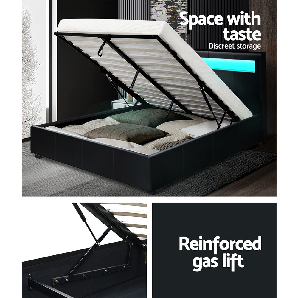 Artiss Cole LED Bed Frame PU Leather Gas Lift Storage - Black Double-6