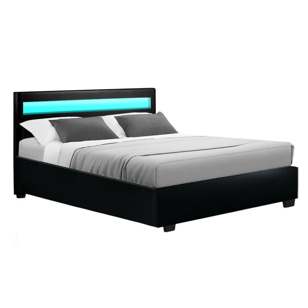 Artiss Cole LED Bed Frame PU Leather Gas Lift Storage - Black Double-0