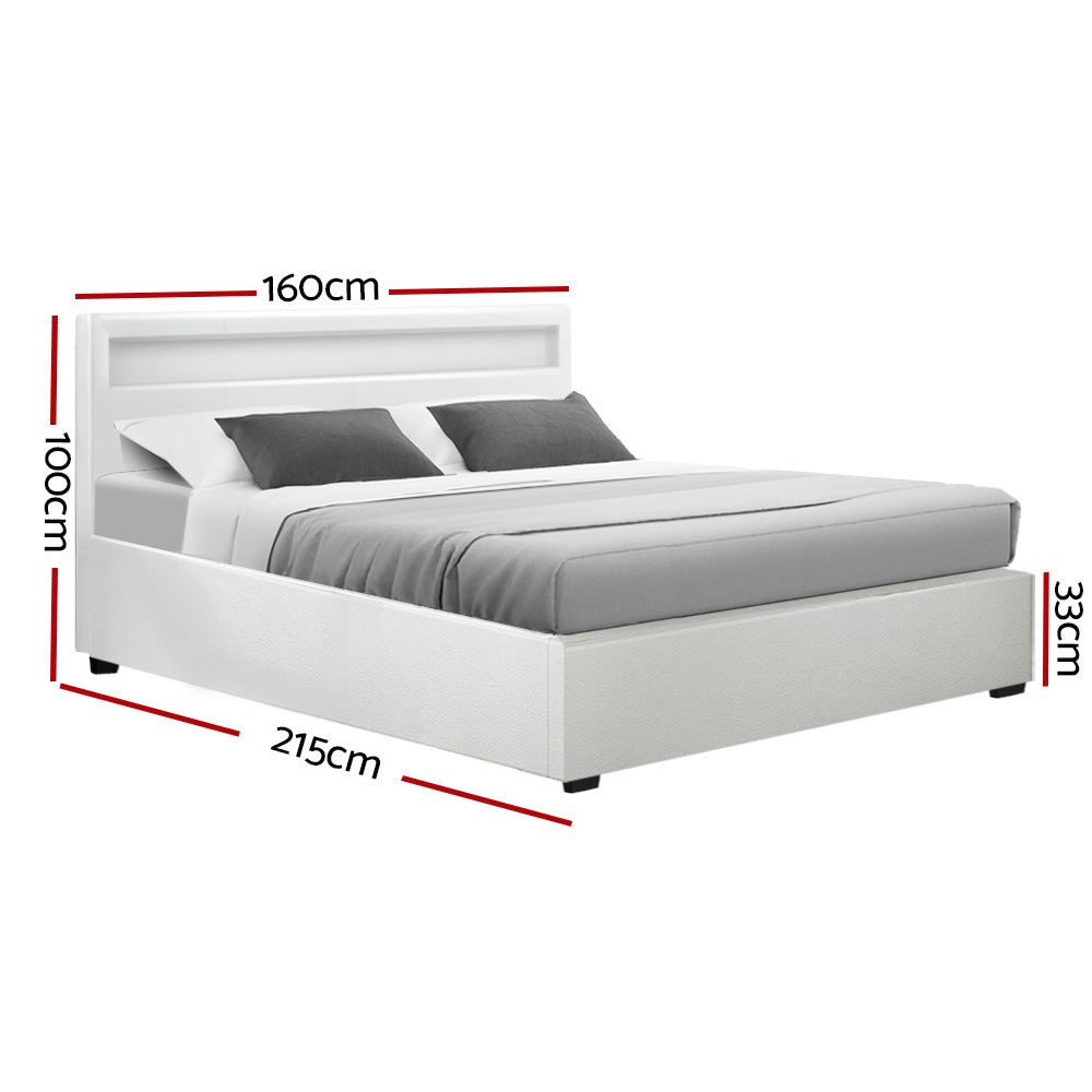 Artiss Cole LED Bed Frame PU Leather Gas Lift Storage - White Queen-1