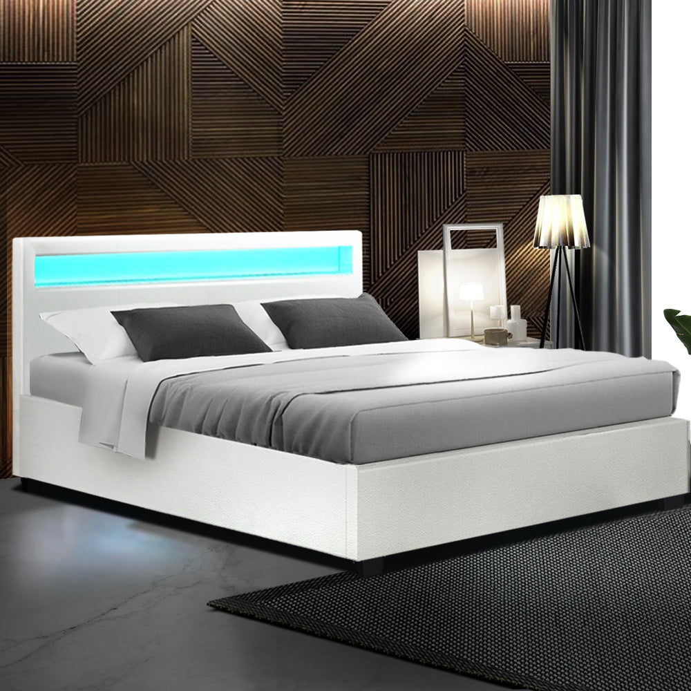 Artiss Cole LED Bed Frame PU Leather Gas Lift Storage - White Queen-7