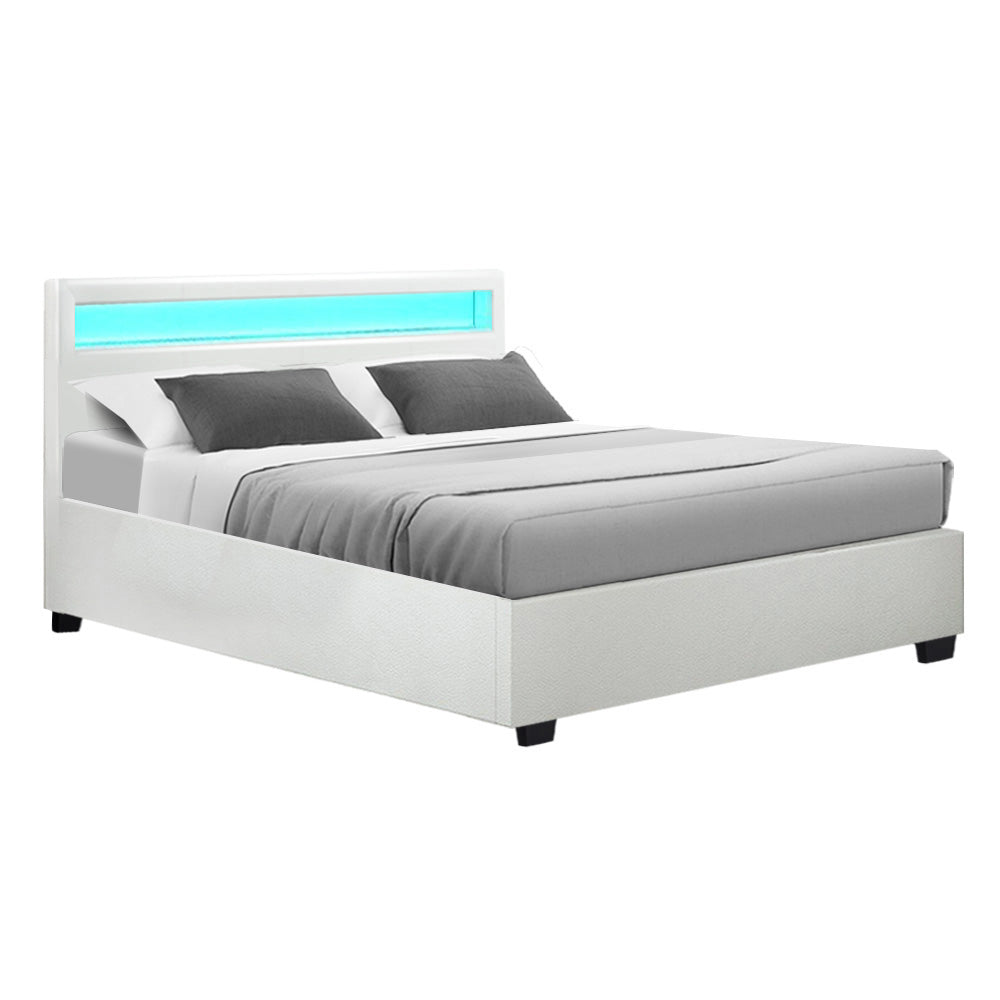 Artiss Cole LED Bed Frame PU Leather Gas Lift Storage - White Queen-0