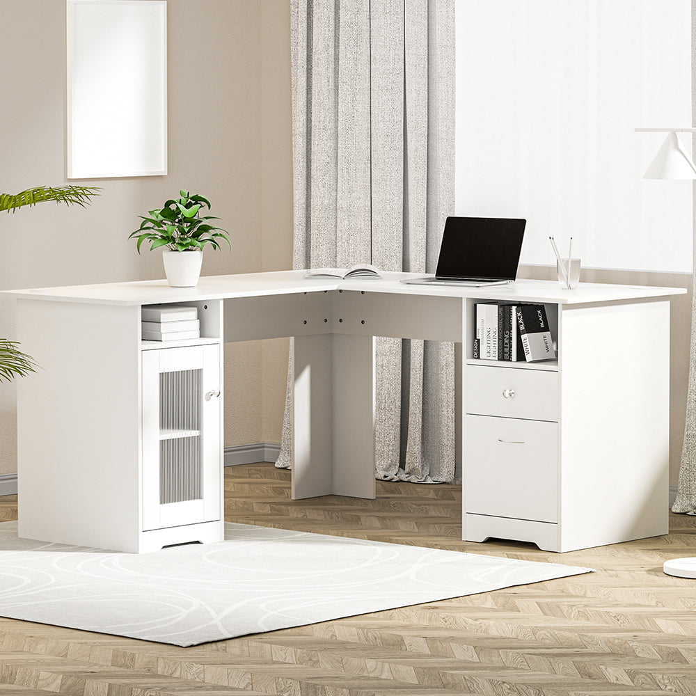 Artiss Corner Computer Desk Office Study Desks Table L-Shape Drawers Tables-4