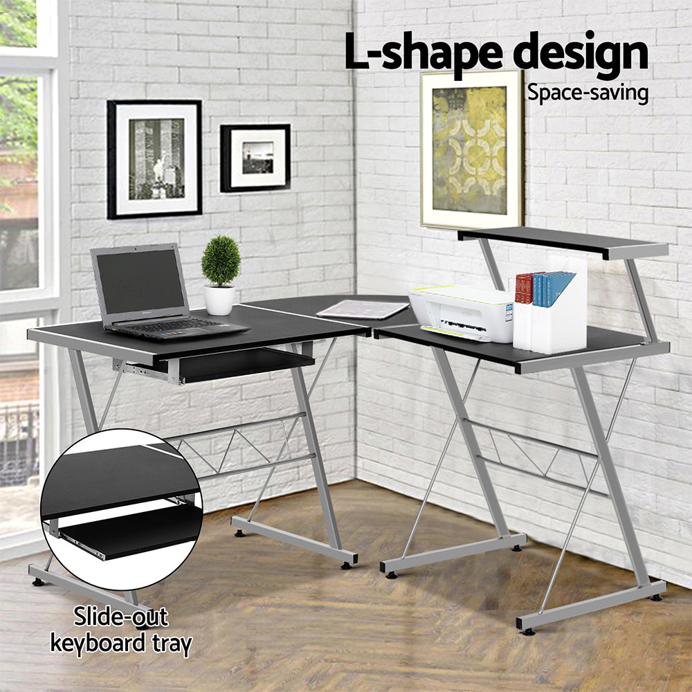 Artiss Corner Metal Pull Out Table Desk - Black-4