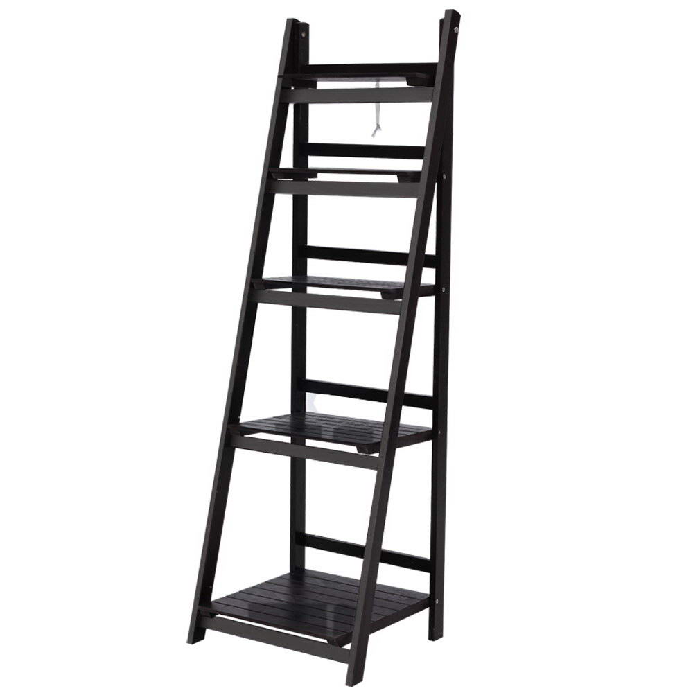 Artiss Display Shelf 5 Tier Wooden Ladder Stand Storage Book Shelves Rack Coffee-0