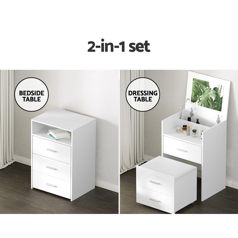 Artiss Dressing Table Bedside Tables 2-in-1 Set Hidden Makeup Mirror Storage Drawers-4