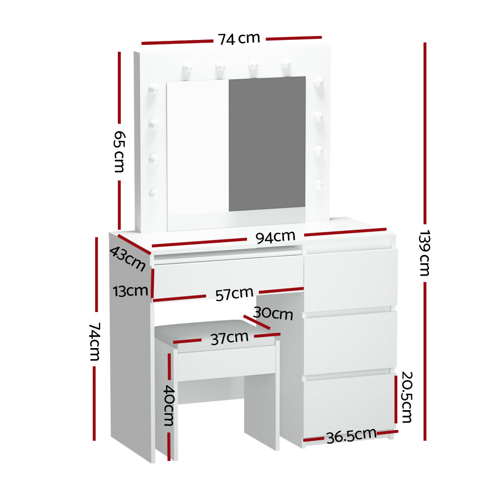 Artiss Dressing Table LED Makeup Mirror Stool Set 12 Bulbs Vanity Desk White-1
