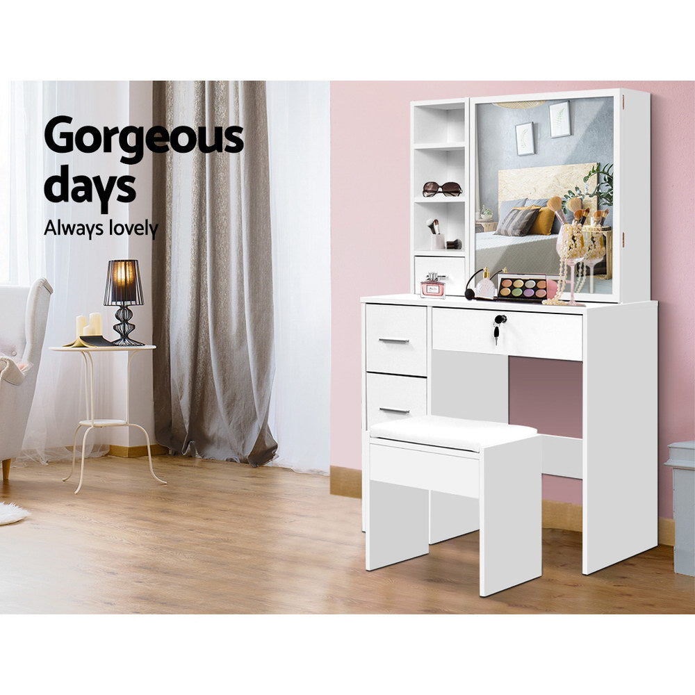 Artiss Dressing Table Stool Mirror Jewellery Cabinet Makeup Storage Drawer White-3