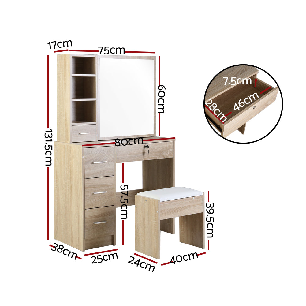 Artiss Dressing Table Stool Set Slide Mirror Makeup Vanity Desk Chair Drawer Oak-1