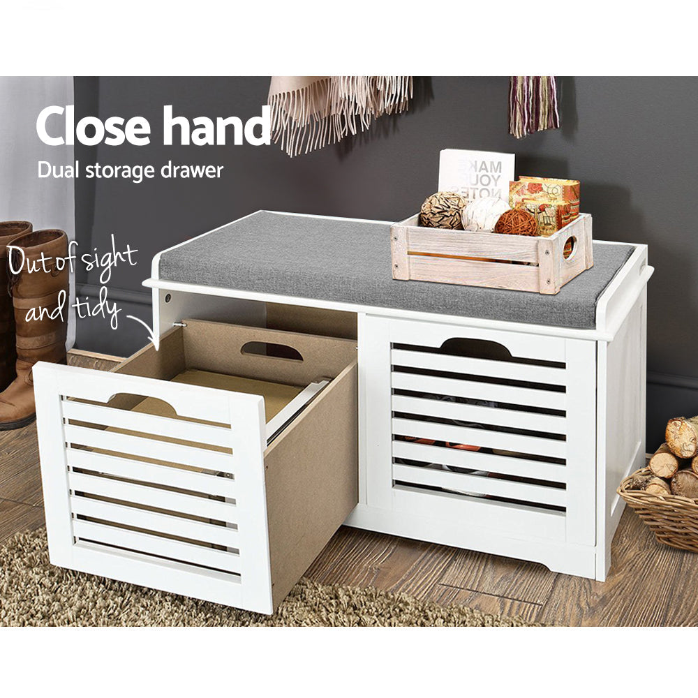 Artiss Fabric Shoe Bench with Drawers - White & Grey-5