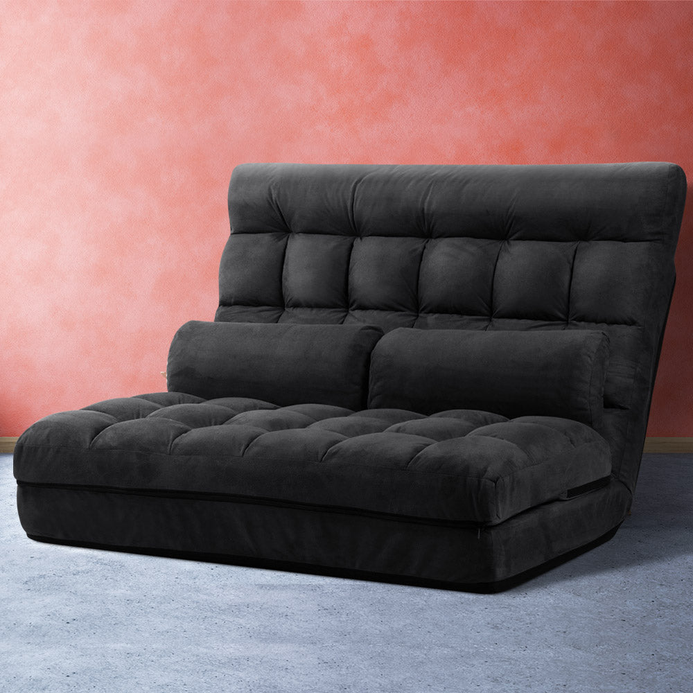 Artiss Lounge Sofa Bed 2-seater Floor Folding Suede Charcoal-7