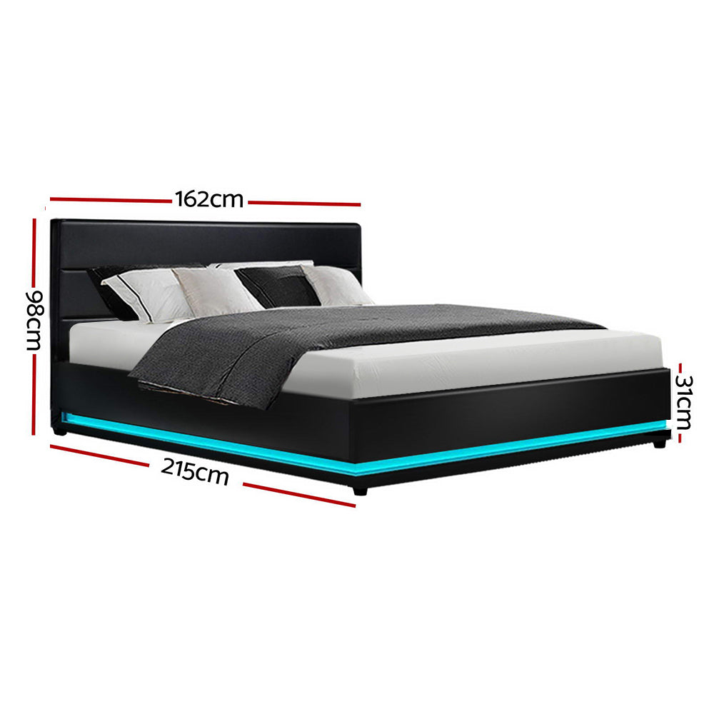 Artiss Lumi LED Bed Frame PU Leather Gas Lift Storage - Black Queen-1