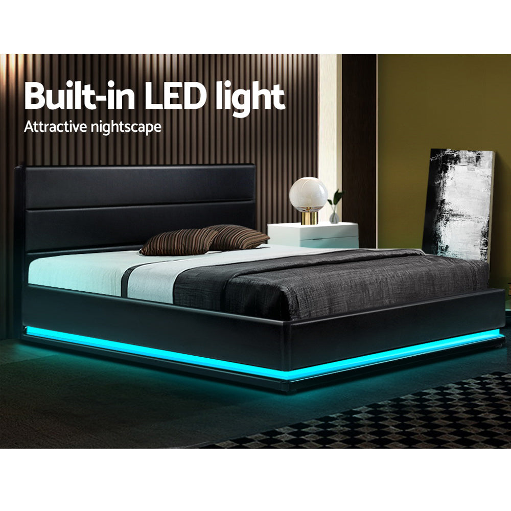 Artiss Lumi LED Bed Frame PU Leather Gas Lift Storage - Black Queen-4