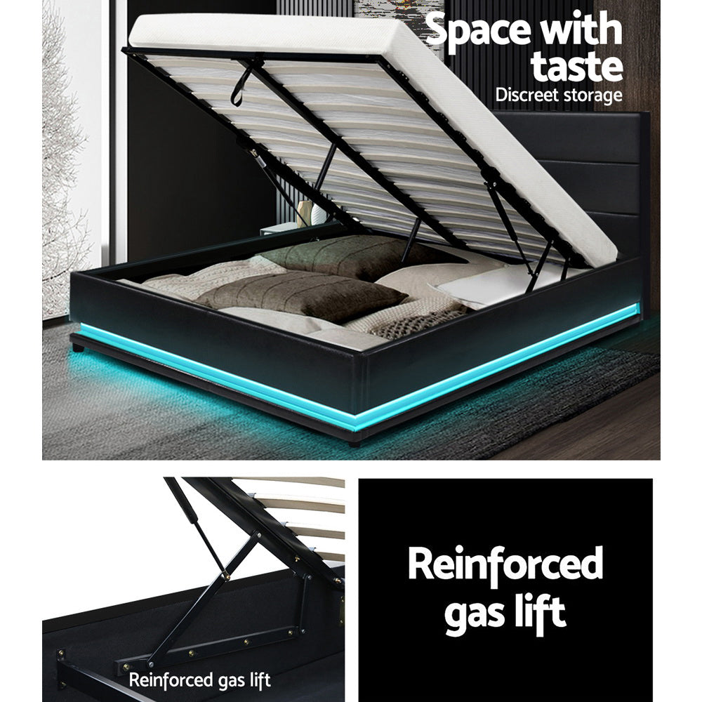 Artiss Lumi LED Bed Frame PU Leather Gas Lift Storage - Black Queen-6