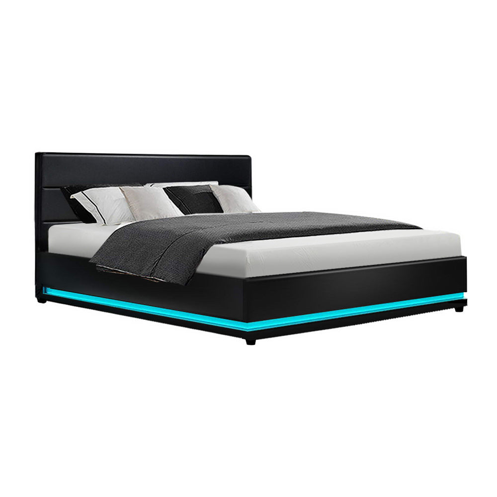 Artiss Lumi LED Bed Frame PU Leather Gas Lift Storage - Black Queen-0