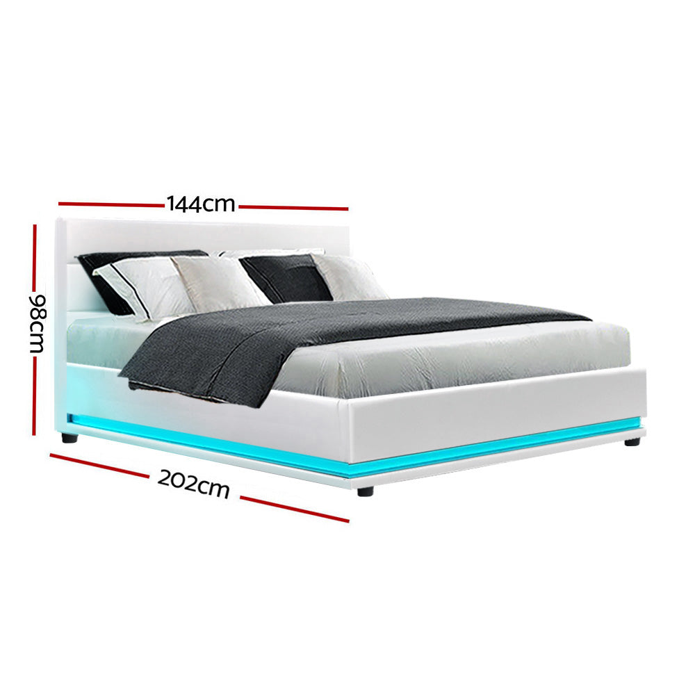 Artiss Lumi LED Bed Frame PU Leather Gas Lift Storage - White Double-1