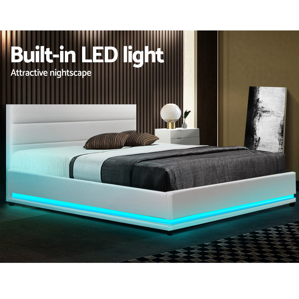 Artiss Lumi LED Bed Frame PU Leather Gas Lift Storage - White Double-4