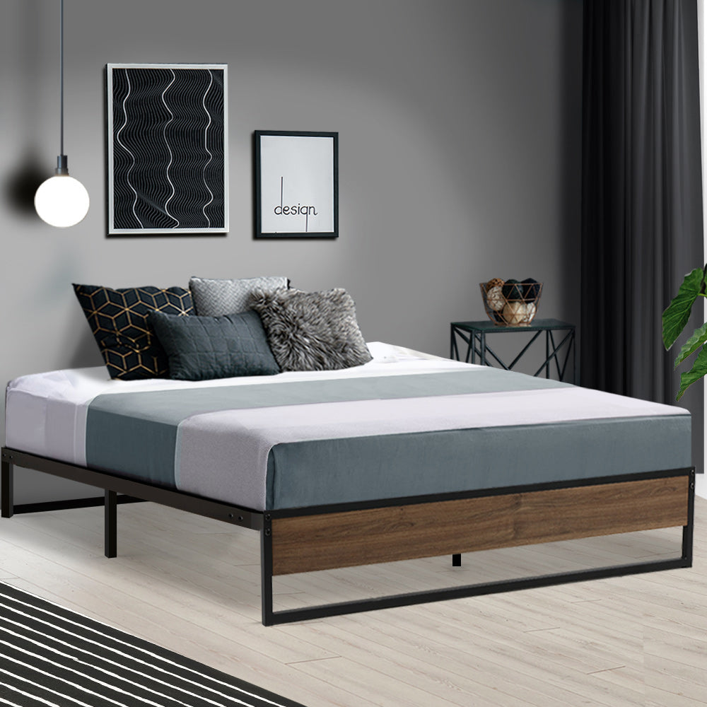 Artiss Metal Bed Frame Double Size Mattress Base Foundation Wooden Black OSLO-6