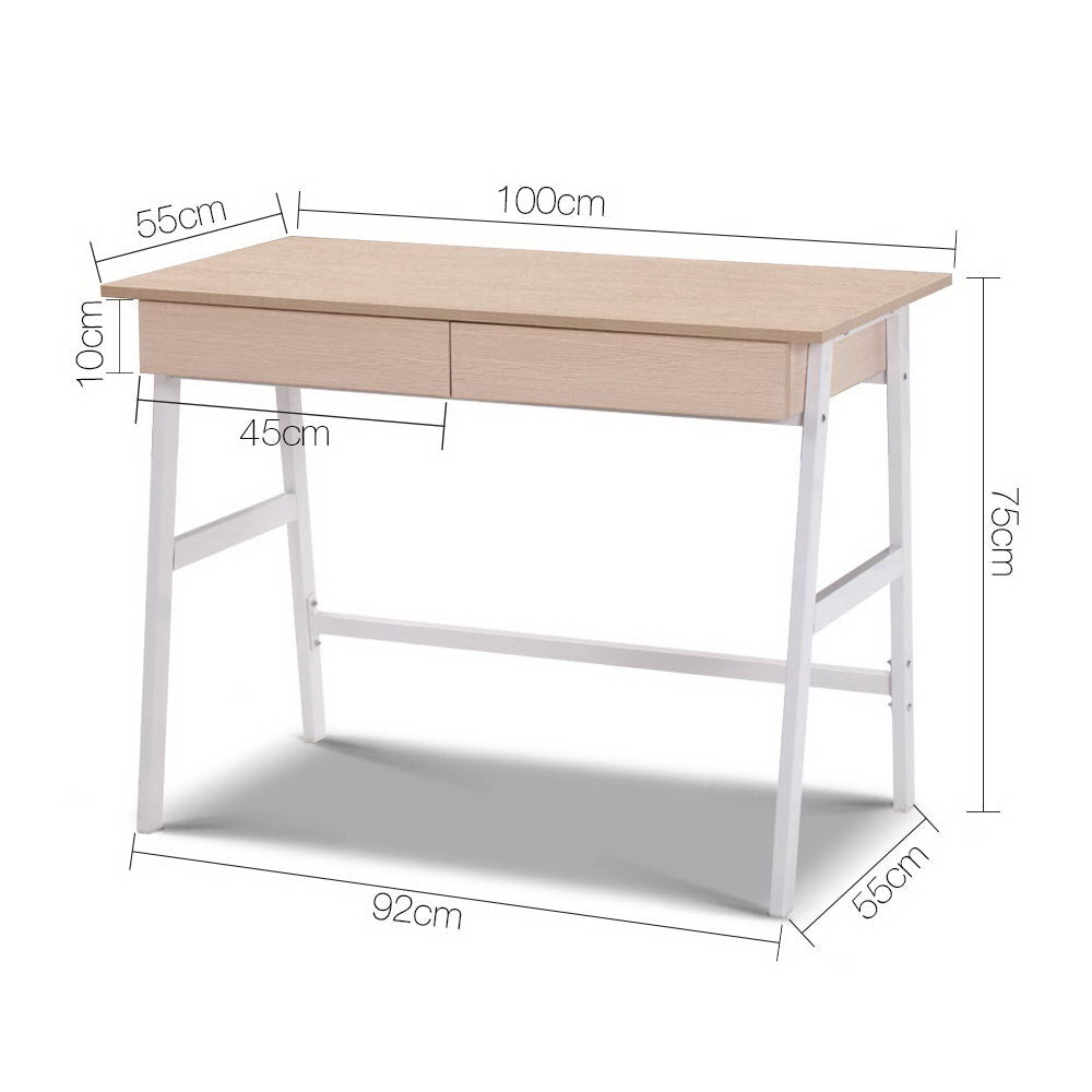 Artiss Metal Desk with Drawer - White with Oak Top-1