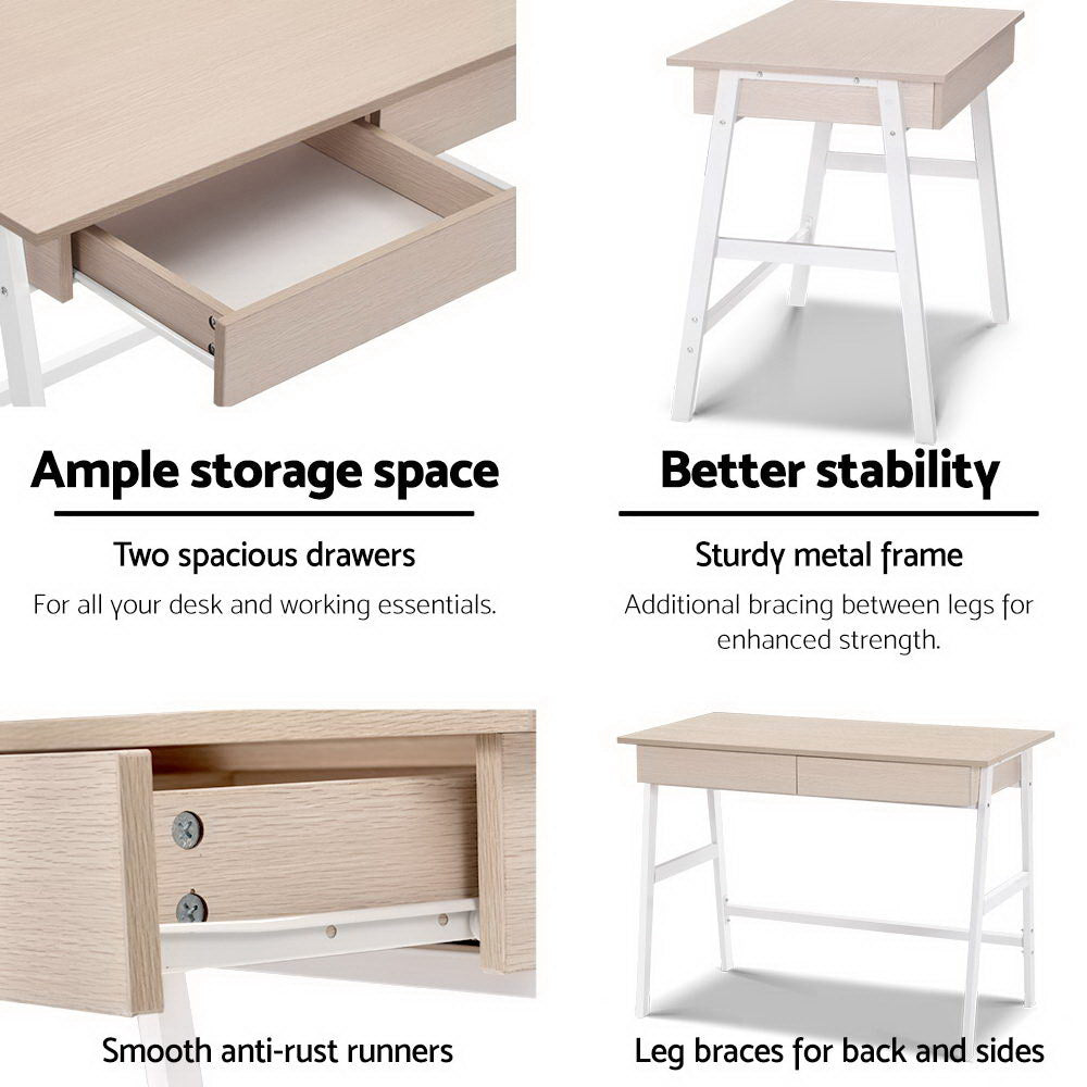 Artiss Metal Desk with Drawer - White with Oak Top-4