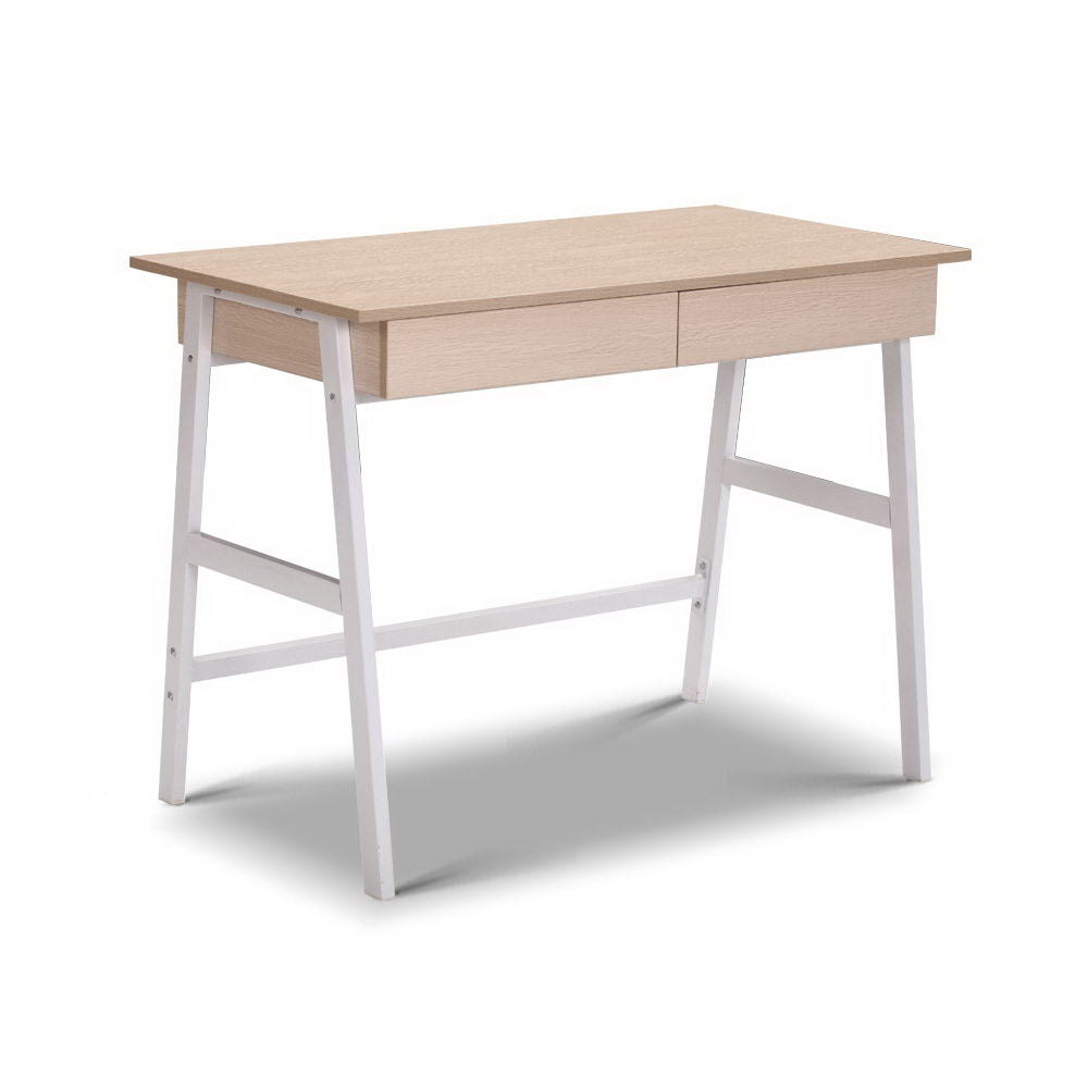 Artiss Metal Desk with Drawer - White with Oak Top-0