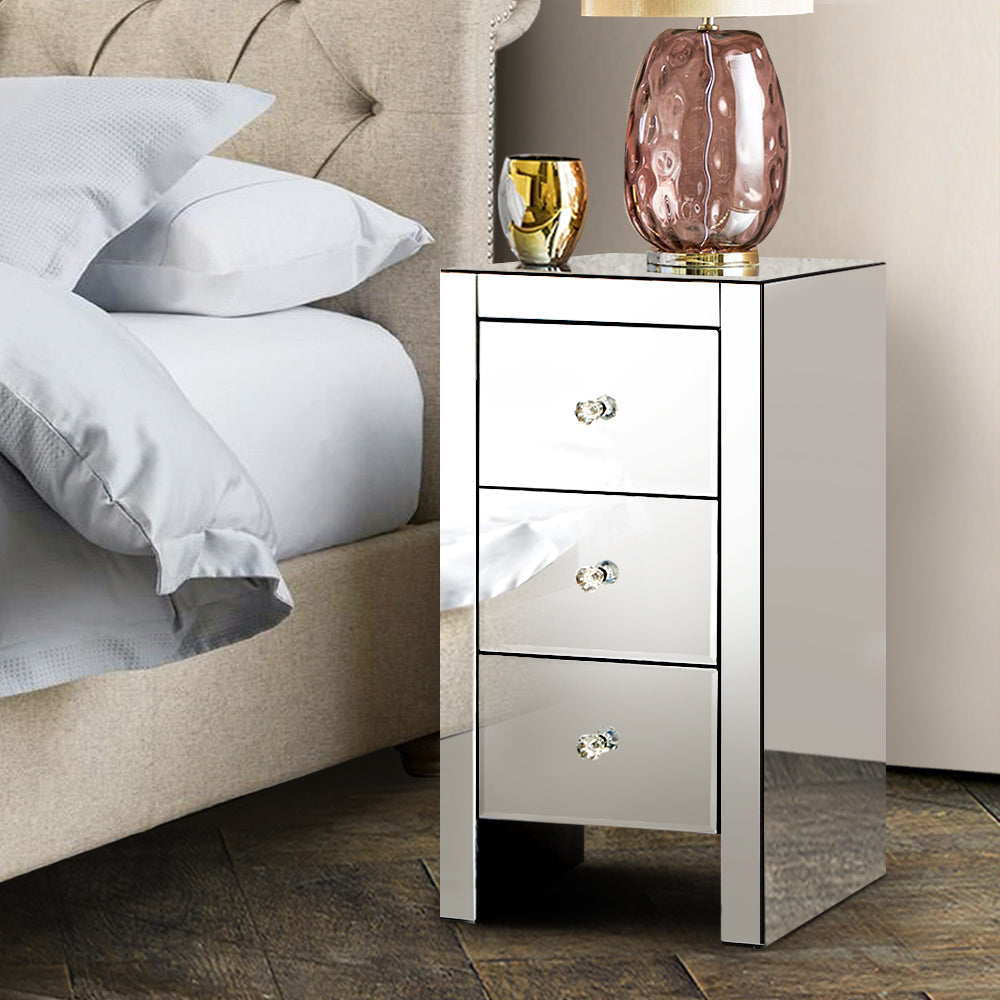 Artiss Mirrored Bedside table Drawers Furniture Mirror Glass Quenn Silver-7