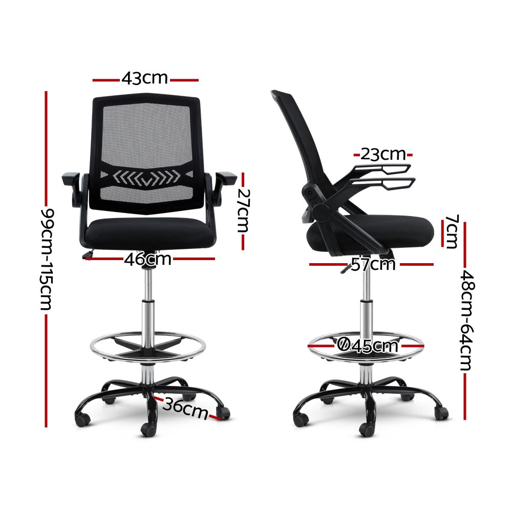 Artiss Office Chair Veer Drafting Stool Mesh Chairs Flip Up Armrest Black-1