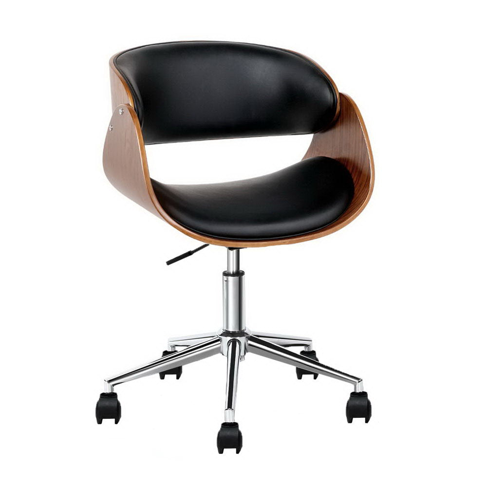 Artiss Office Chair Wooden and Leather Black-0