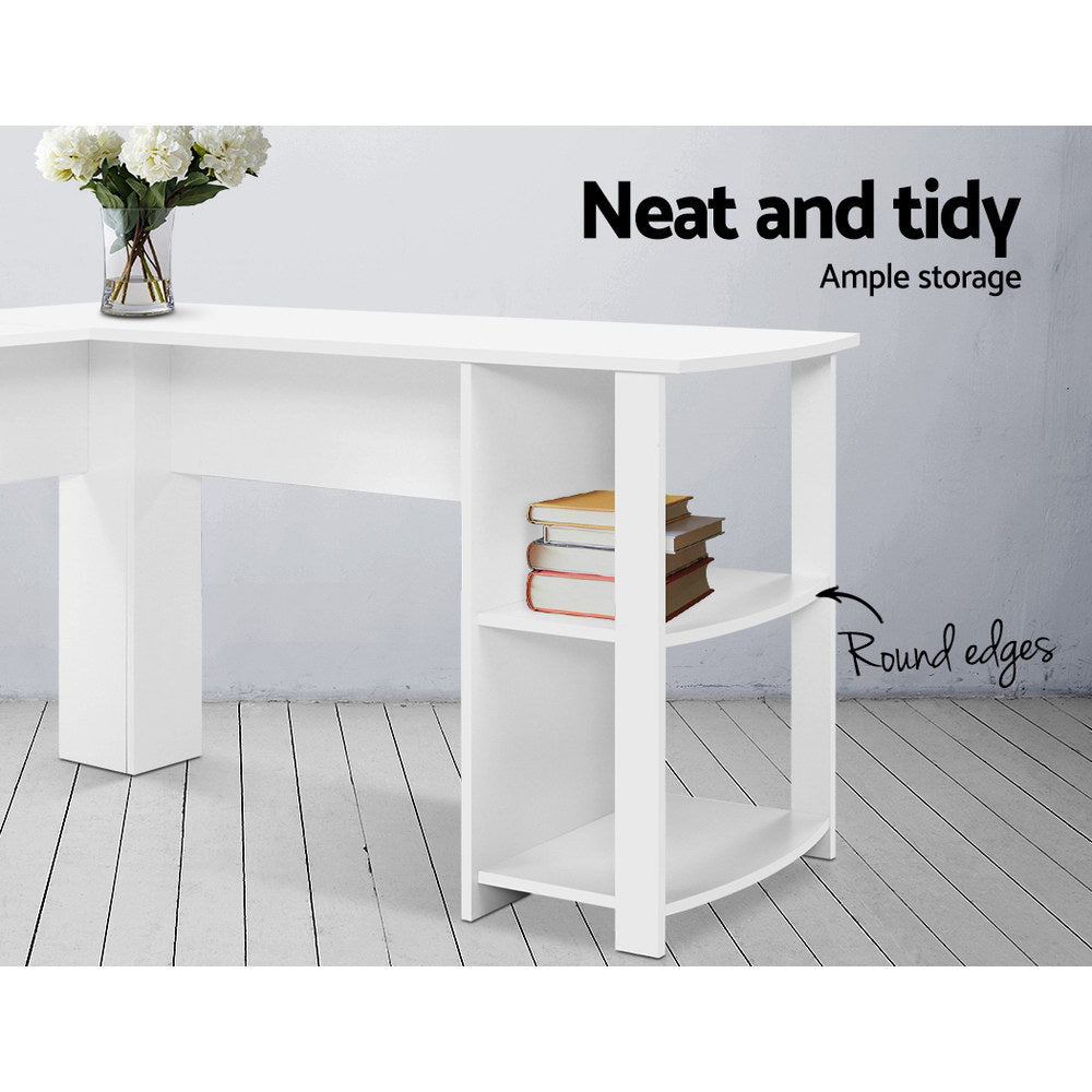 Artiss Office Computer Desk Corner Student Study Table Workstation L-Shape Shelf White-5