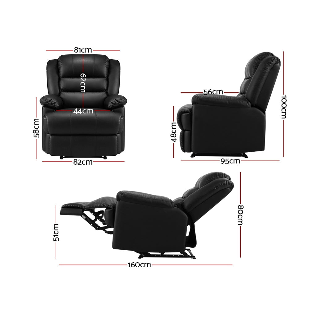 Artiss Recliner Chair Armchair Luxury Single Lounge Sofa Couch Leather Black-1