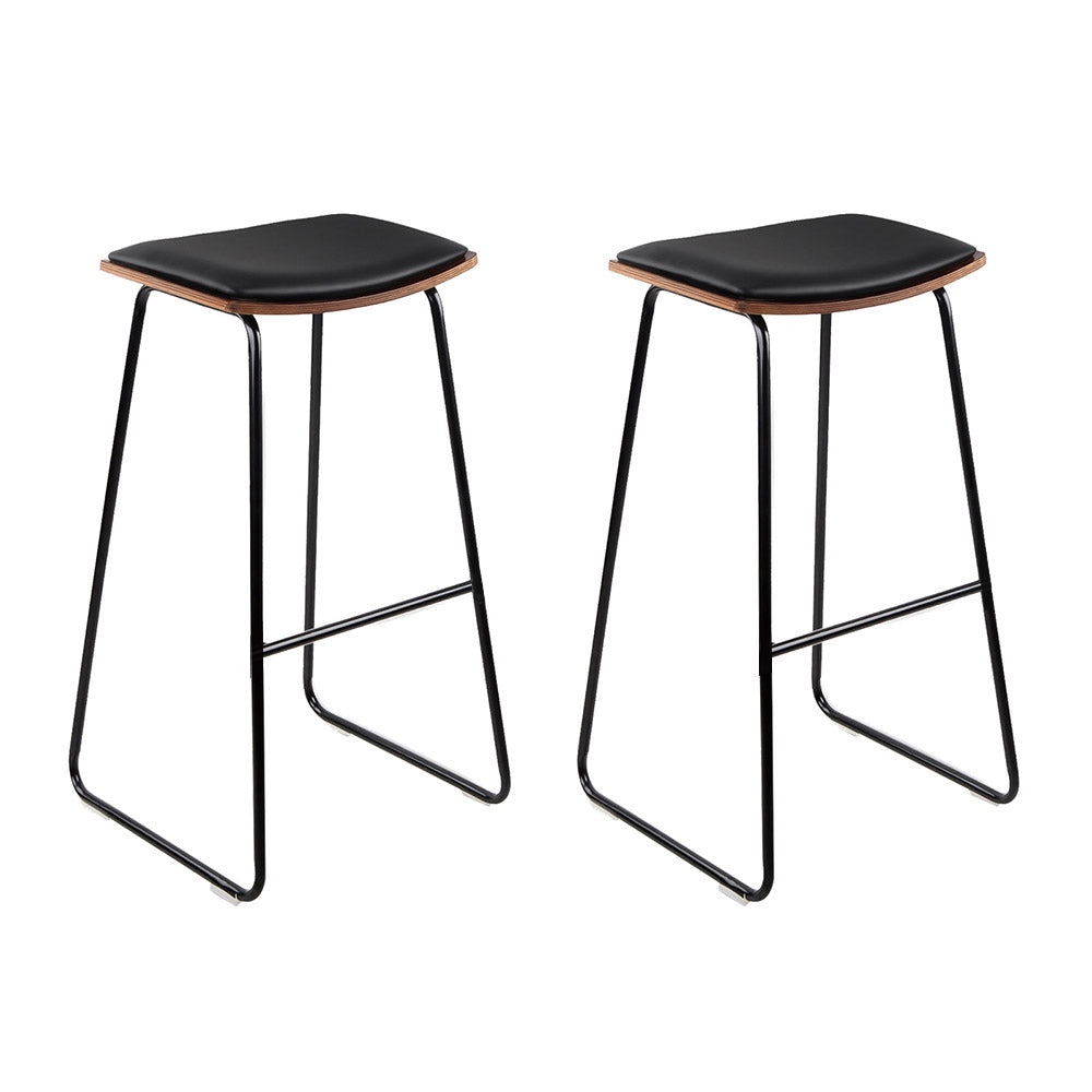 Artiss Set of 2 Backless PU Leather Bar Stools - Black and Wood-0