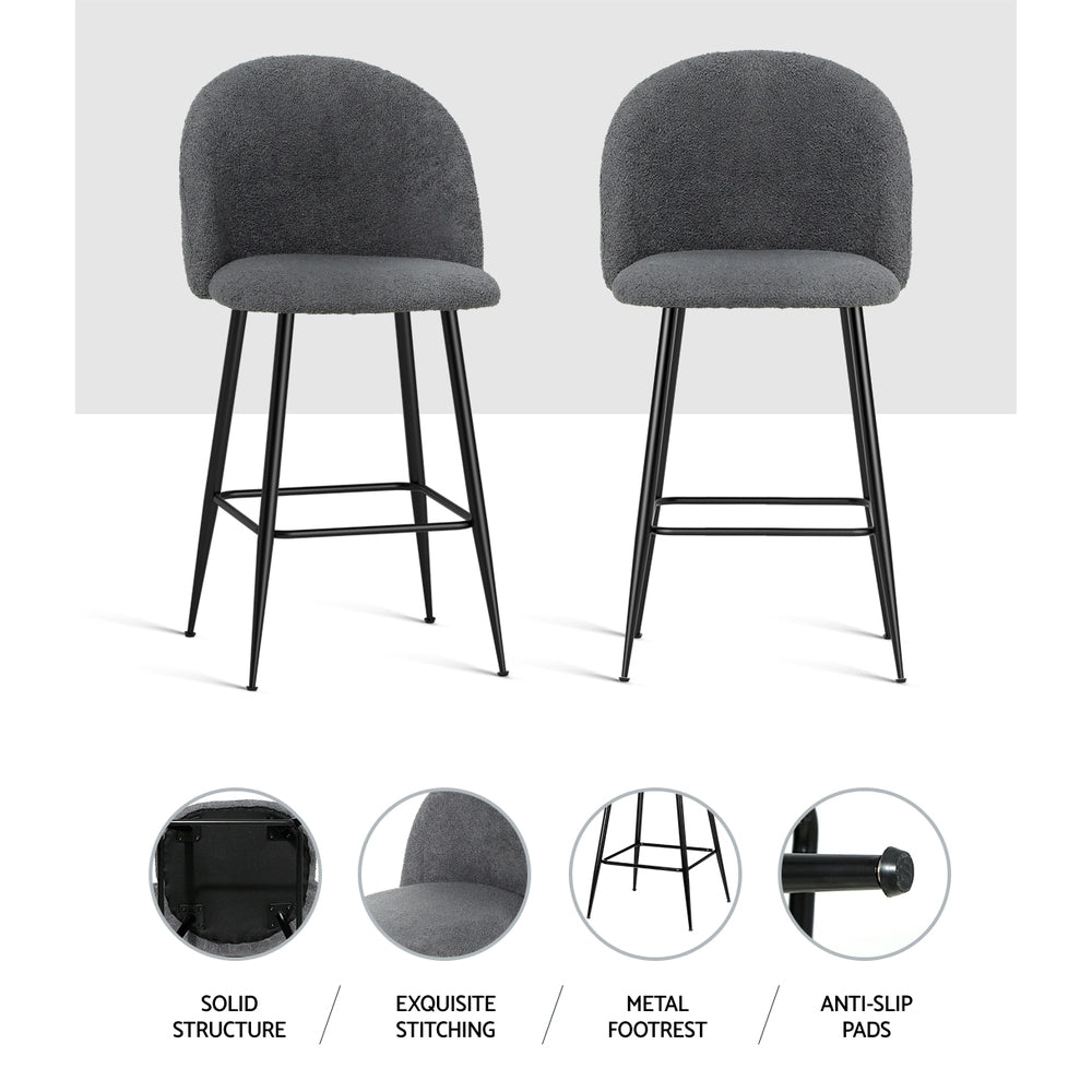 Artiss Set of 2 Bar Stools Kitchen Dining Chair Stool Chairs Sherpa Boucle Charcoal-5