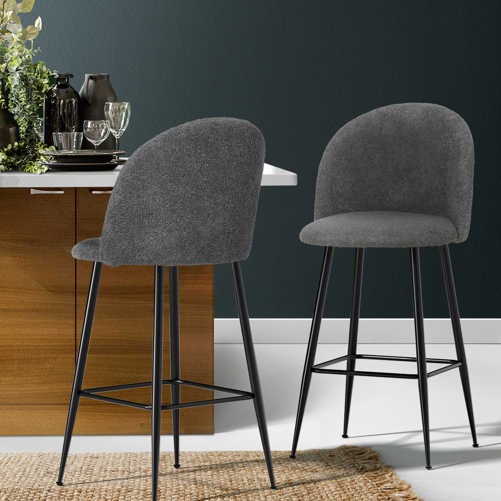 Artiss Set of 2 Bar Stools Kitchen Dining Chair Stool Chairs Sherpa Boucle Charcoal-7