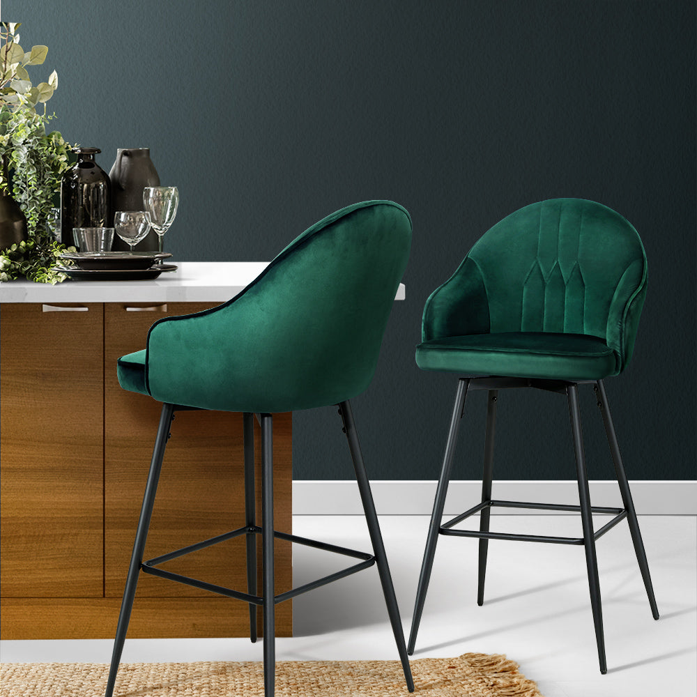 Artiss Set of 2 Bar Stools Kitchen Stool Dining Chairs Velvet Chair Barstool Green Mesial-7