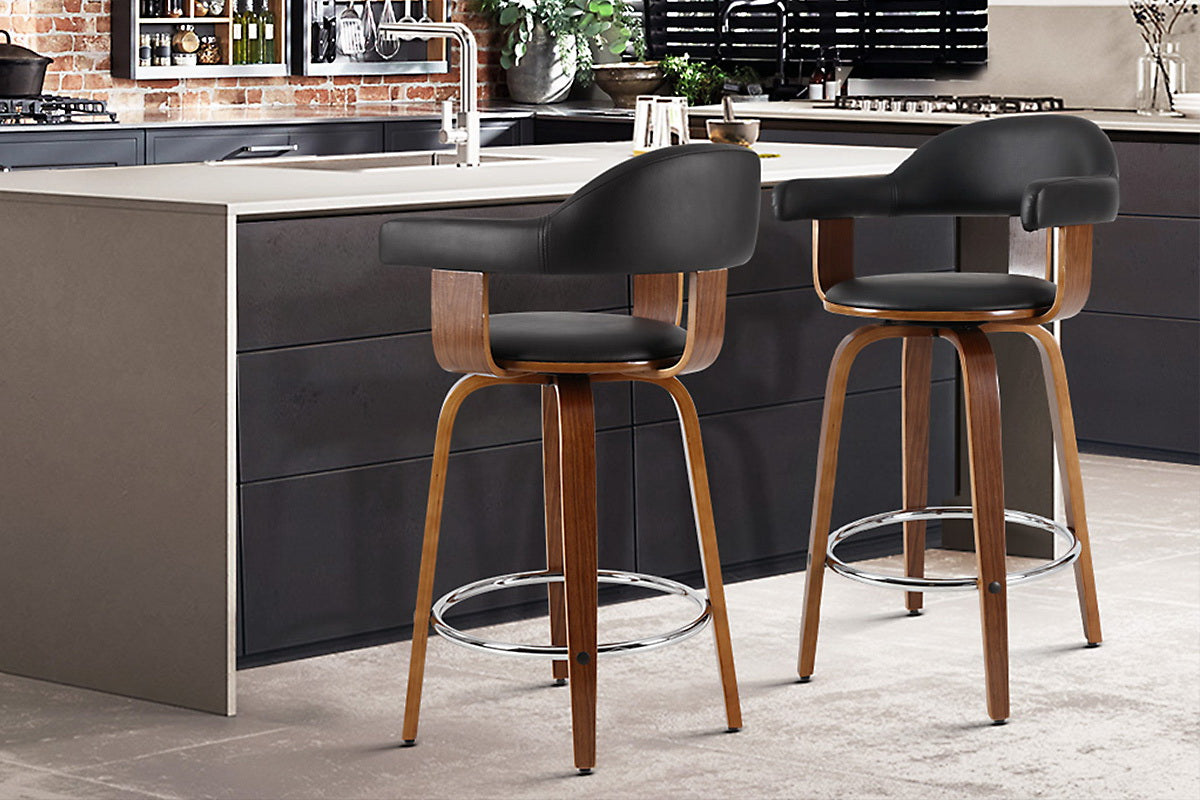 Artiss Set of 2 Bar Stools PU Leather Wooden Swivel - Wood, Chrome and Black-9