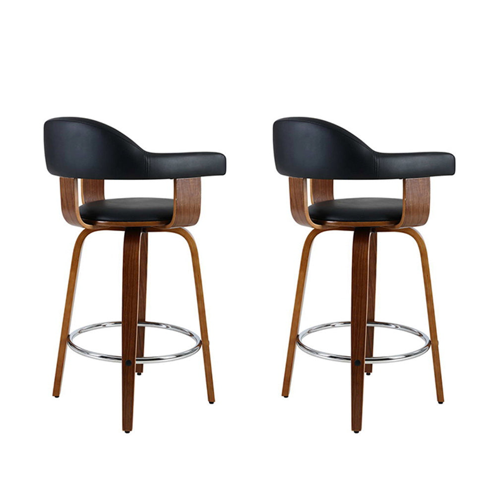 Artiss Set of 2 Bar Stools PU Leather Wooden Swivel - Wood, Chrome and Black-2