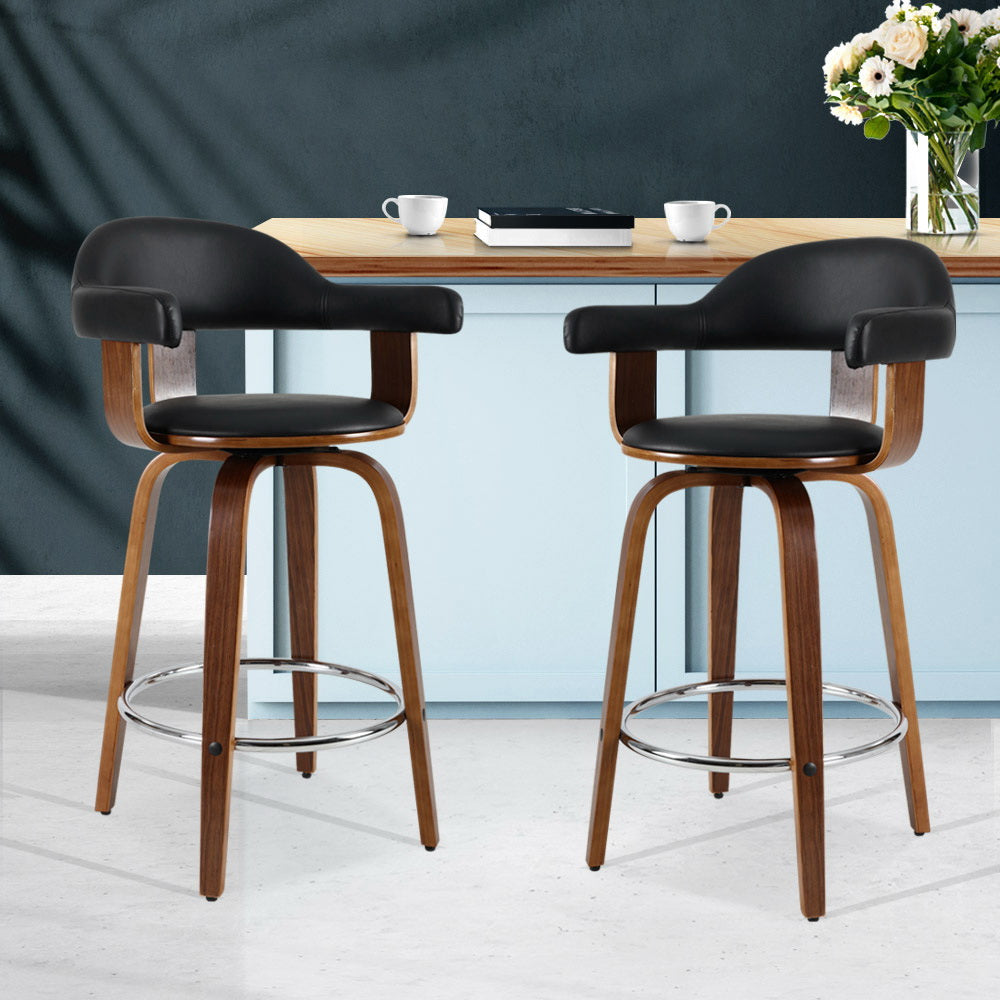 Artiss Set of 2 Bar Stools PU Leather Wooden Swivel - Wood, Chrome and Black-6