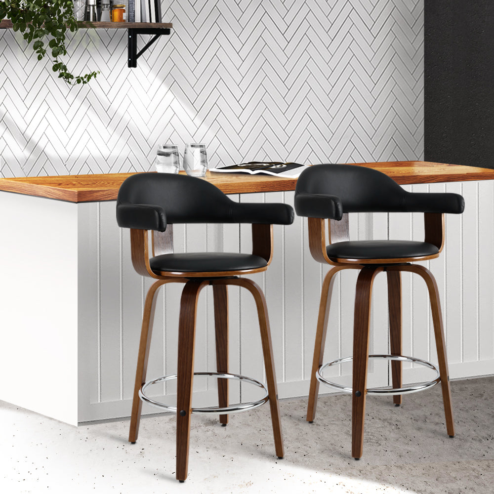 Artiss Set of 2 Bar Stools PU Leather Wooden Swivel - Wood, Chrome and Black-7