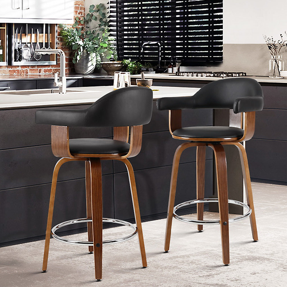 Artiss Set of 2 Bar Stools PU Leather Wooden Swivel - Wood, Chrome and Black-8