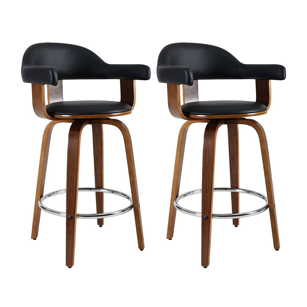 Artiss Set of 2 Bar Stools PU Leather Wooden Swivel - Wood, Chrome and Black-0