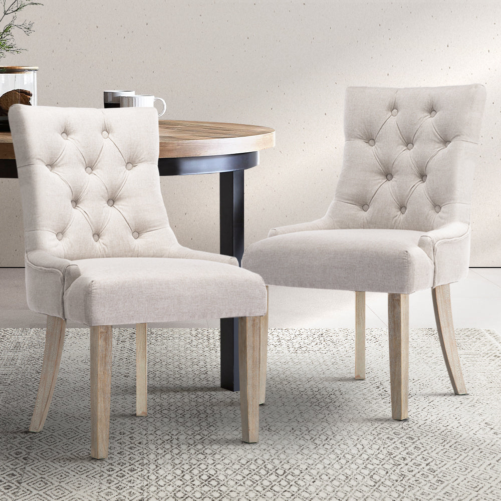 Artiss Set of 2 Dining Chair Beige CAYES French Provincial Chairs Wooden Fabric Retro Cafe-7