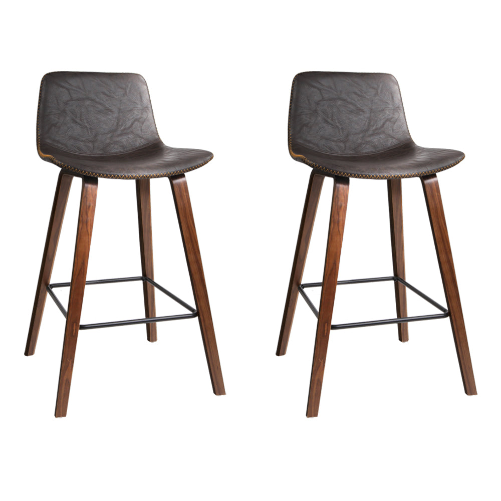 Artiss Set of 2 PU Leather Bar Stools Square Footrest - Wood and Brown-0