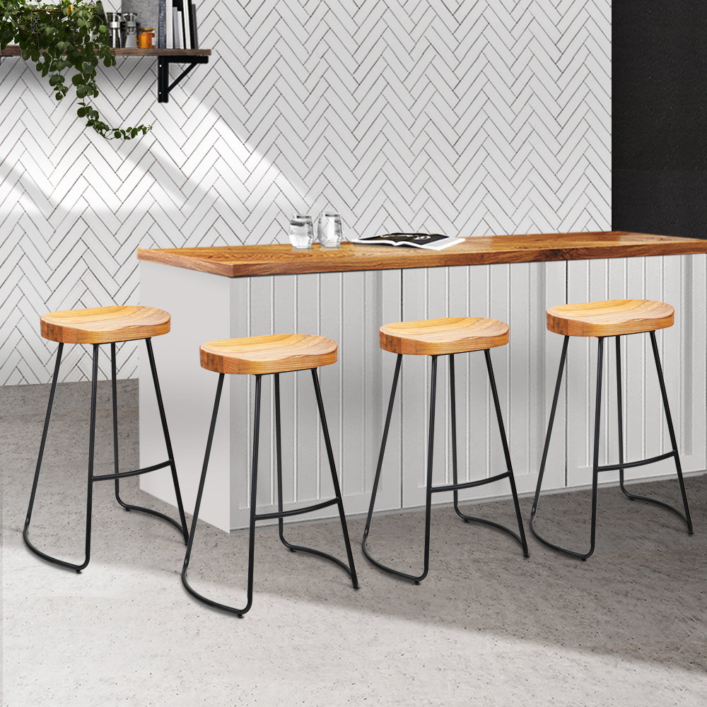 Artiss Set of 4 Elm Wood Backless Bar Stools 75cm - Black and Light Natural-7