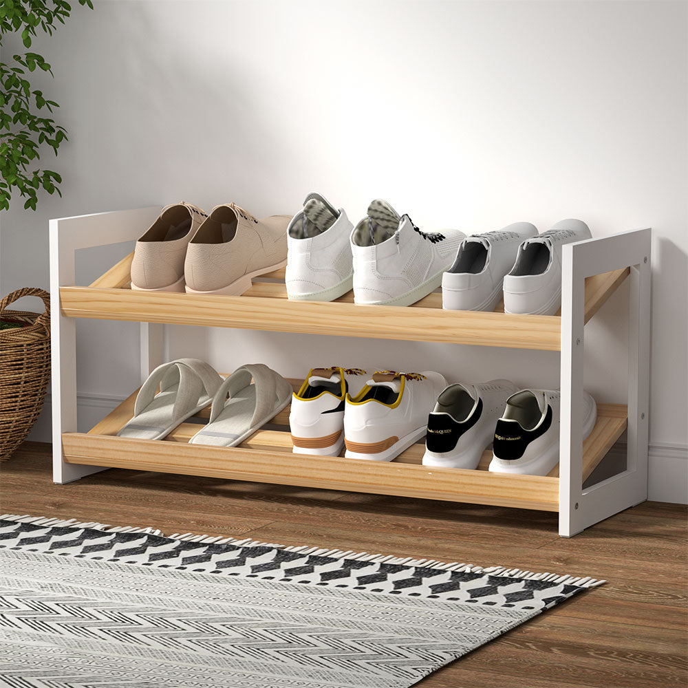 Artiss Shoe Rack Wooden Storage 2 Tier Tilted Shelves Stand Organizer Kara-7